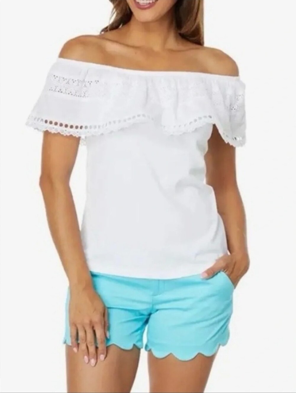 Lilly Pulitzer White Off-Shoulder Tracee Eyelet Ruffle Top Sz S